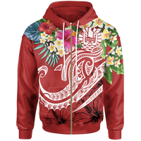Tahiti Polynesian Zip up Hoodie Summer Plumeria (Red) Unisex Red - Polynesian Pride