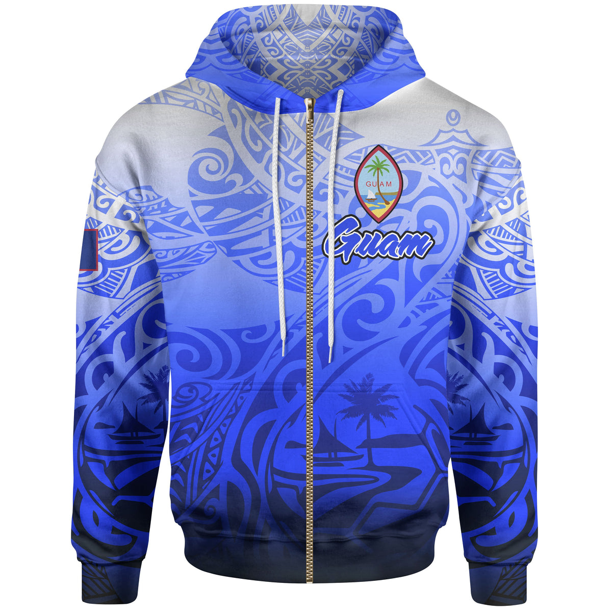 Guam Polynesian Zip up Hoodie Tribal Tattoo With Seal Unisex Blue - Polynesian Pride