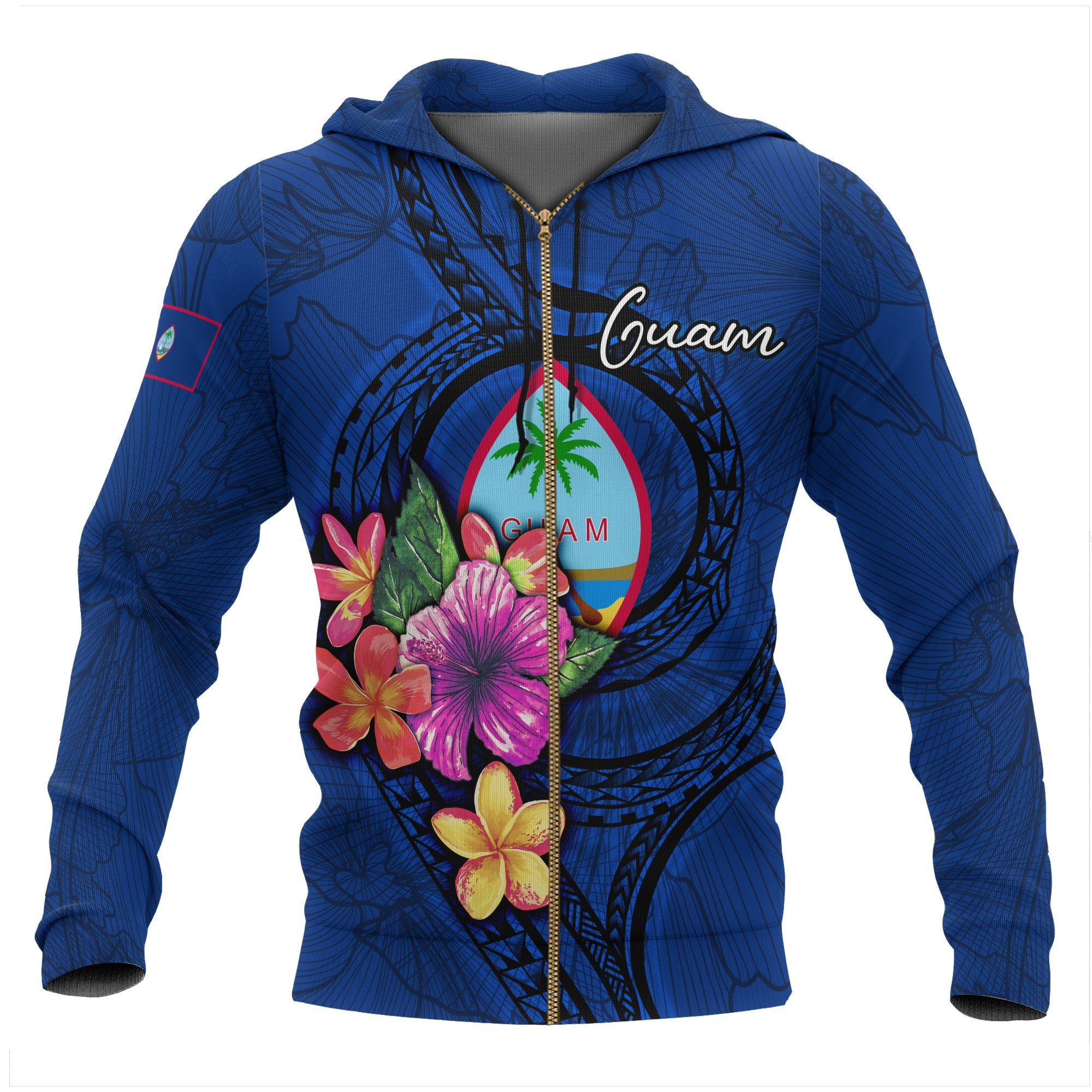 Guam Polynesian Zip up Hoodie Floral With Seal Blue Unisex Blue - Polynesian Pride