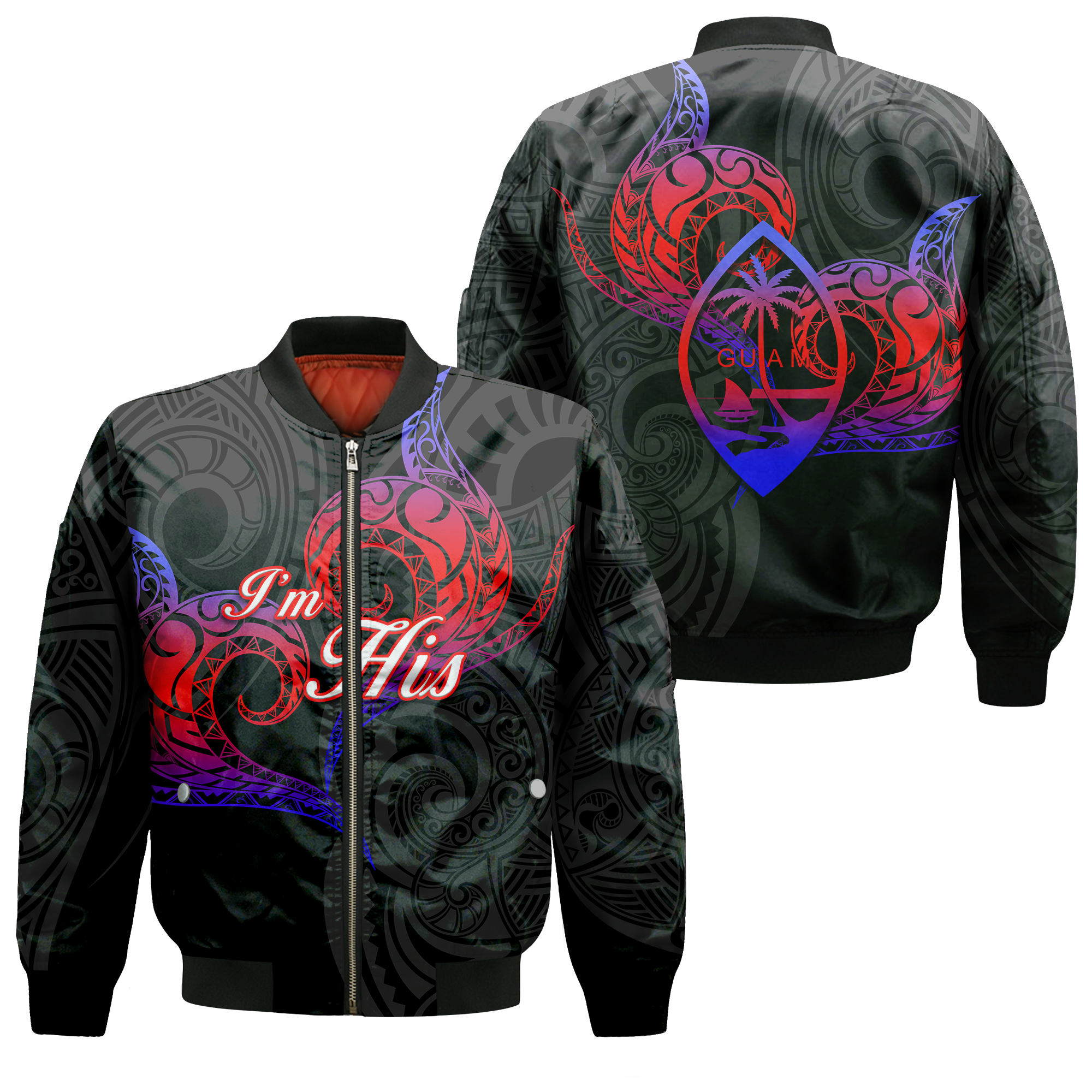 Valentine Day Guam Couple Im His Bomber Jacket Heart Tribal - LT12 Bomber Jacket Black - Polynesian Pride