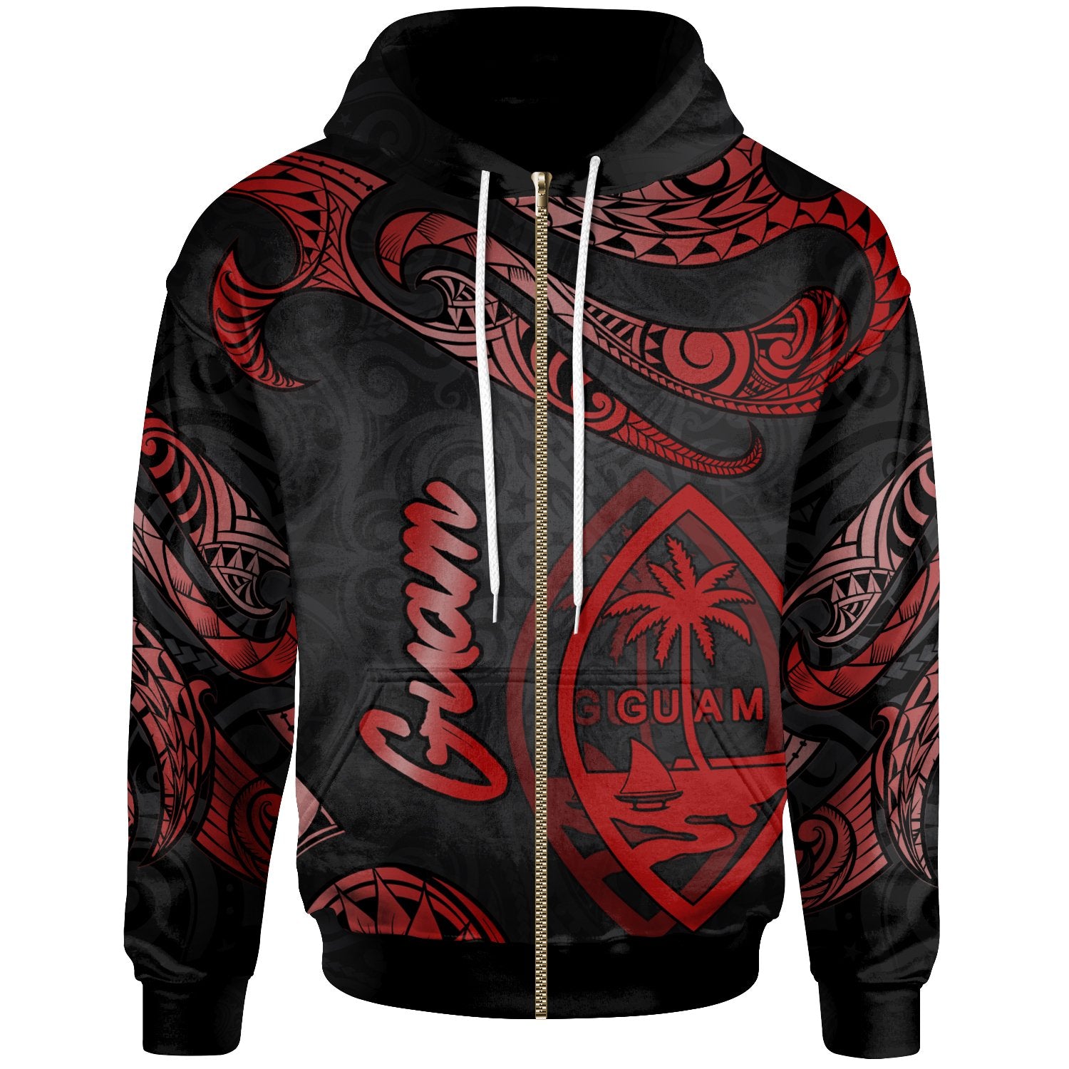 Guam Polynesian Zip Hoodie Polynesian Tattoo Red Version Unisex Red - Polynesian Pride