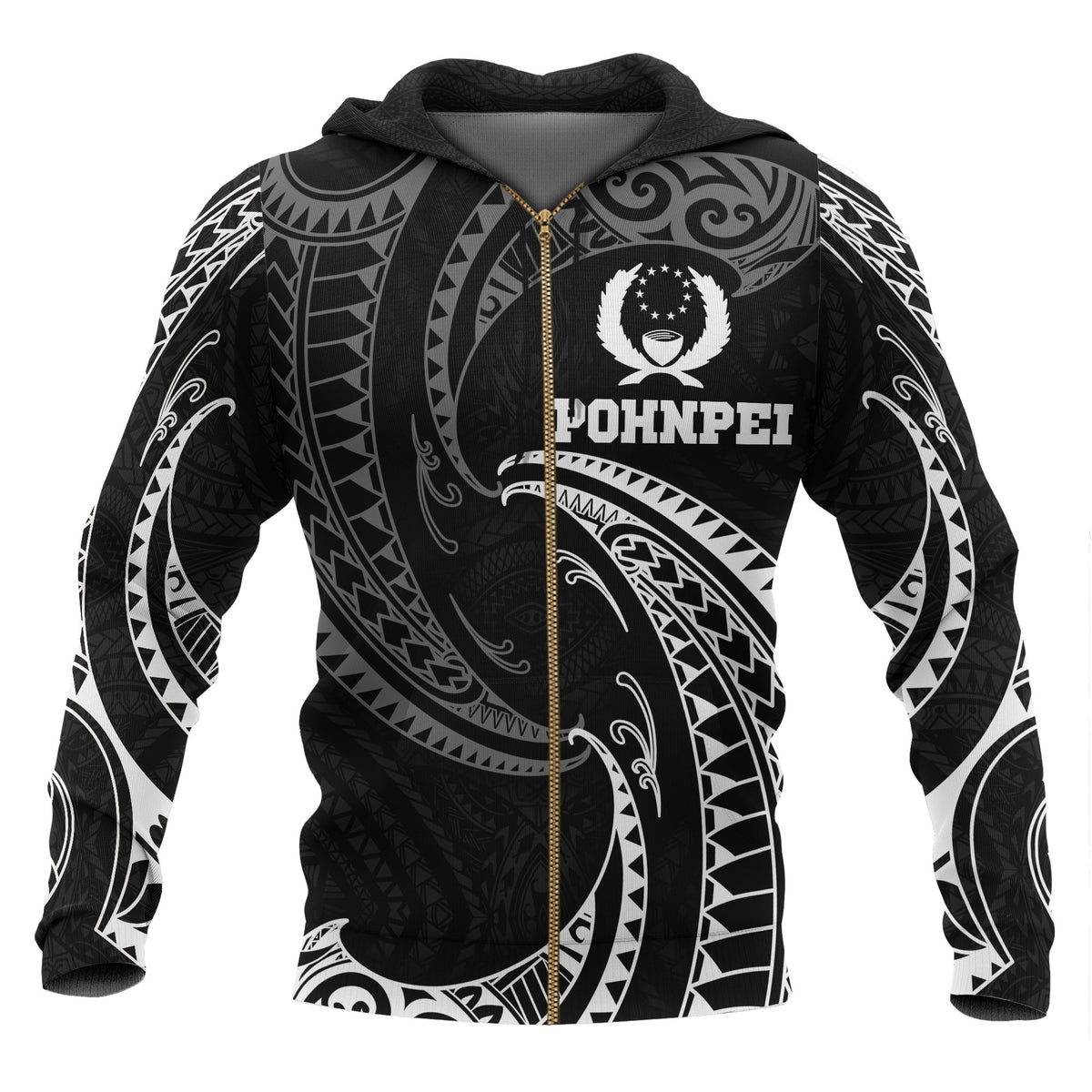 Pohnpei Micronesia All Over Zip up Hoodie White Tribal Wave Unisex Black - Polynesian Pride