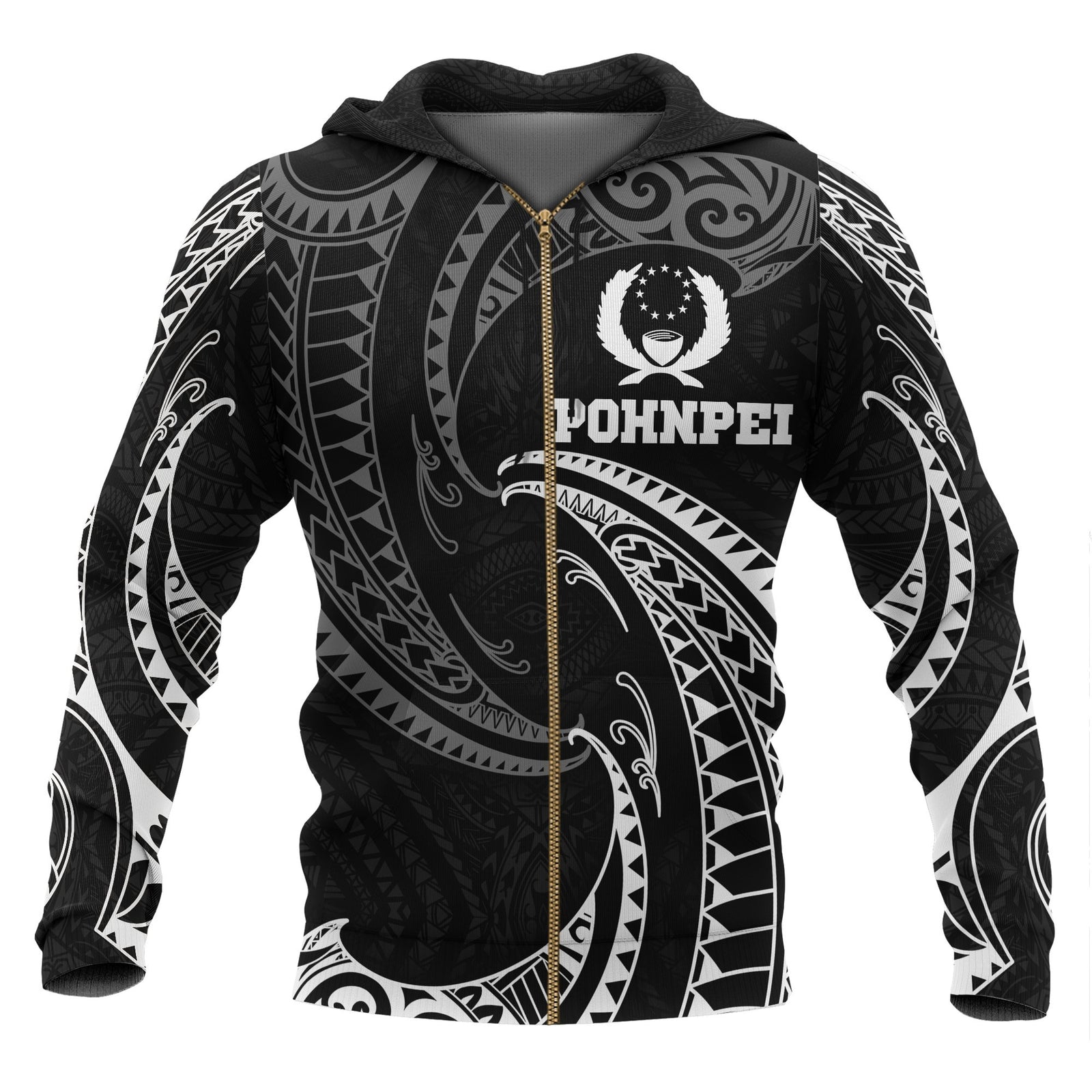 Pohnpei Micronesia All Over Zip up Hoodie White Tribal Wave Unisex Black - Polynesian Pride