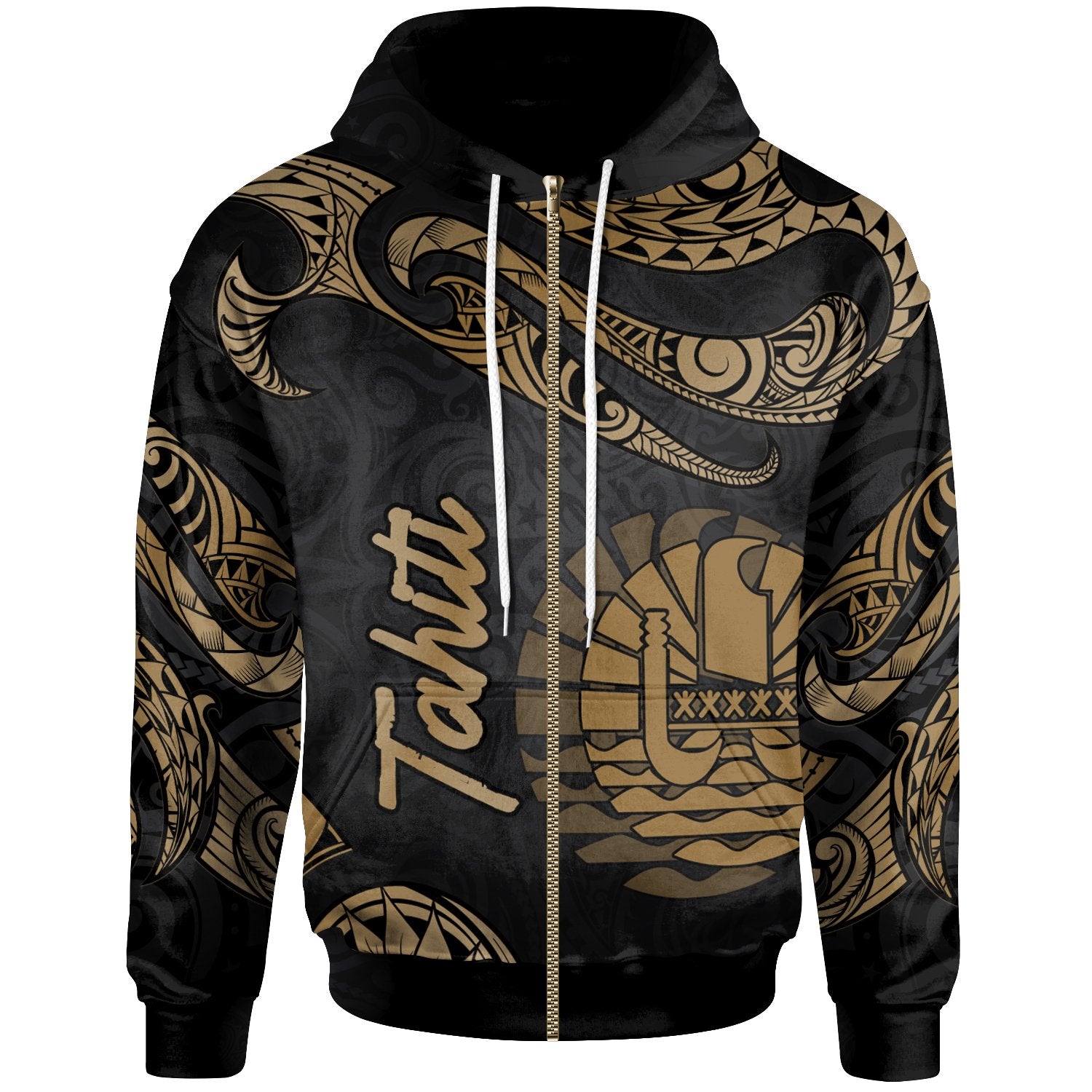 Tahiti Polynesian Zip Hoodie Polynesian Tattoo Gold Version Unisex Gold - Polynesian Pride