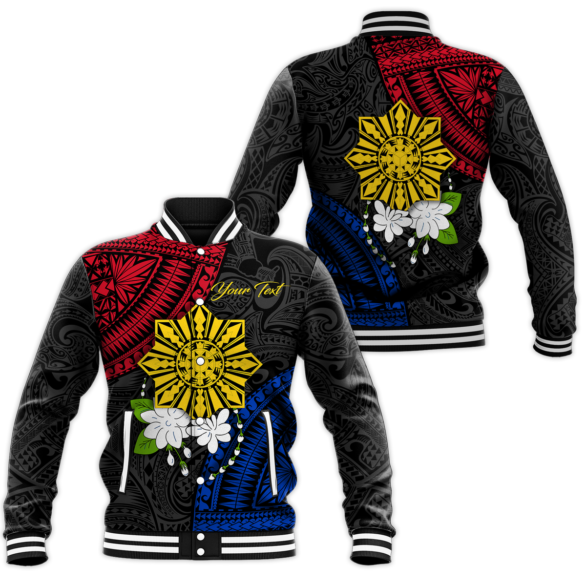 (Custom Personalised) Philippines Sampaguita Filipino Sun Baseball Jacket - LT12 Unisex Black - Polynesian Pride