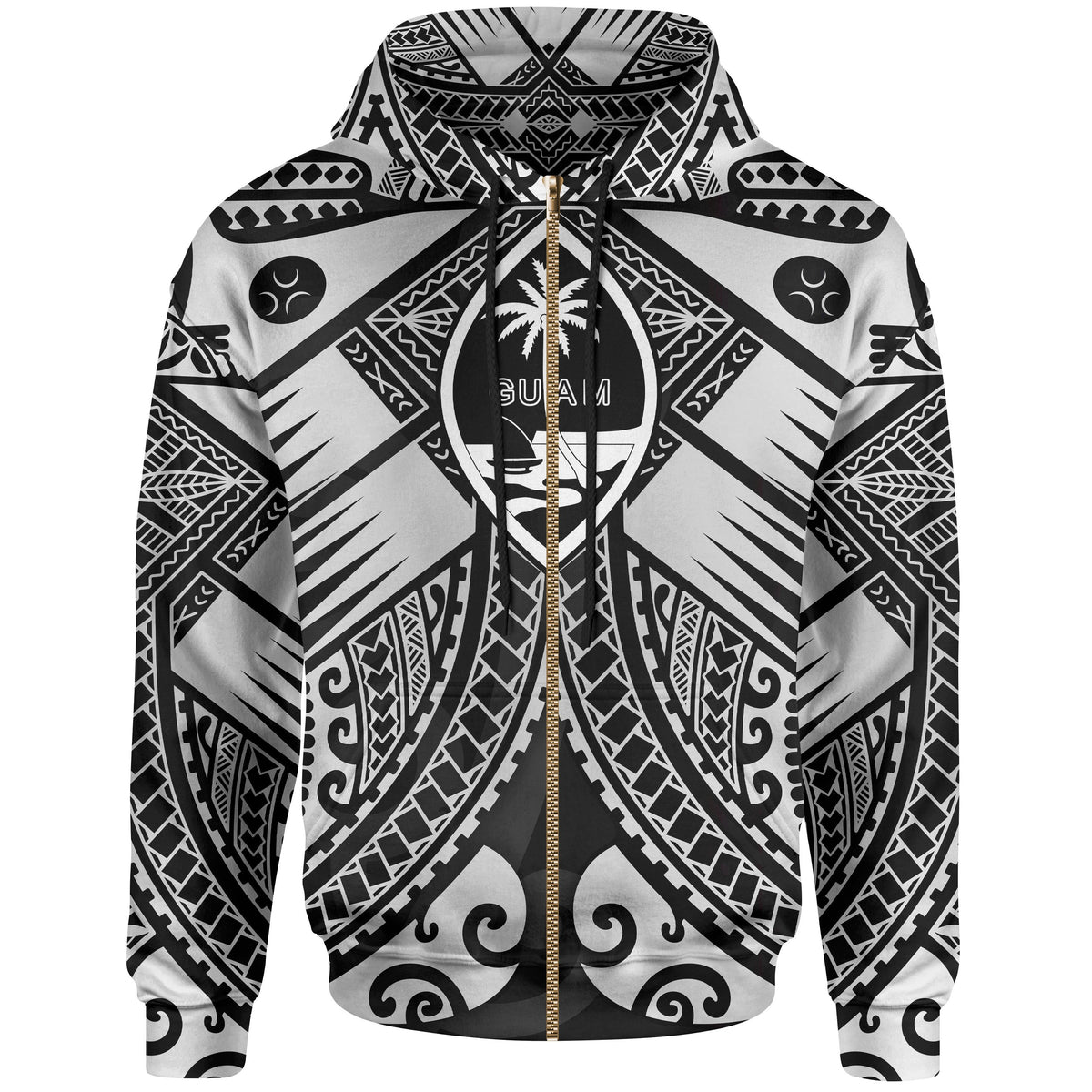 Guam Polynesian Zip up Hoodie Guam White Seal with Polynesian Tattoo Ver 01 Unisex White - Polynesian Pride