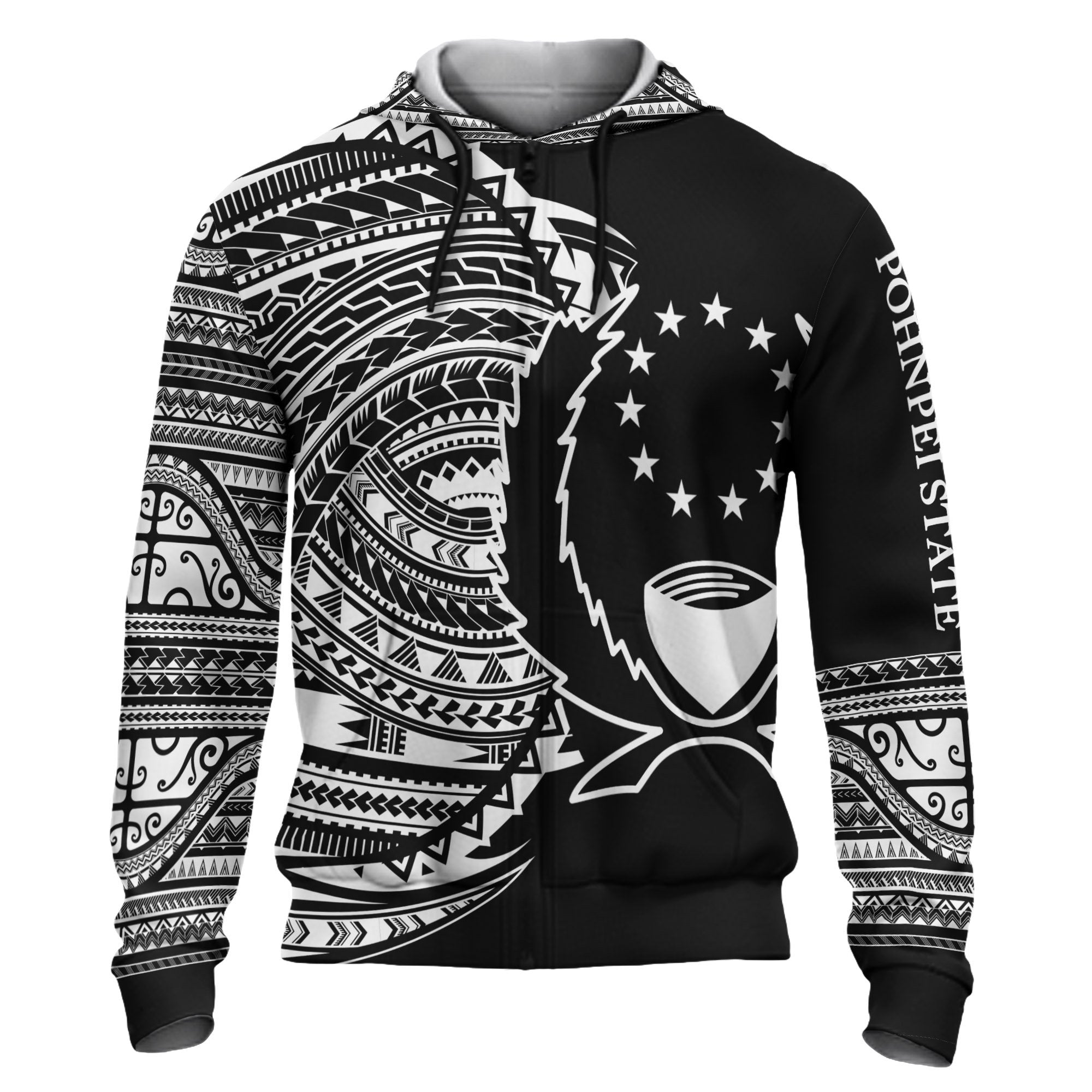 Pohnpei Hoodie Micronesia White Patterns With Coat of Arms Unisex Black - Polynesian Pride