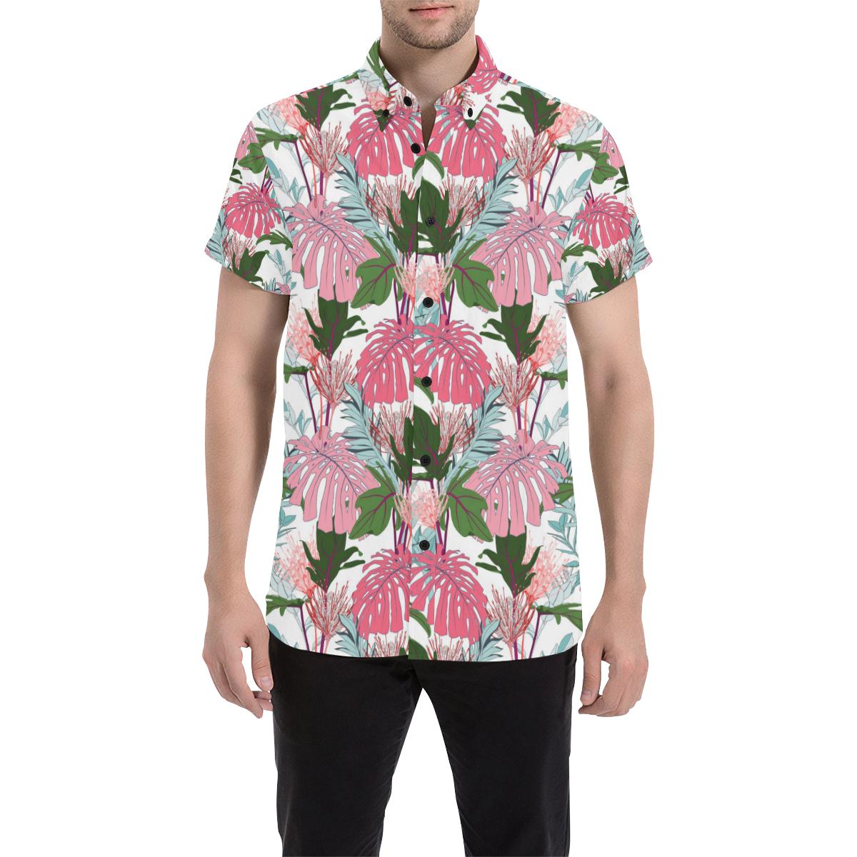 Pink Monstera And Green Tropical Leaves White Shirt Unisex Black - Polynesian Pride