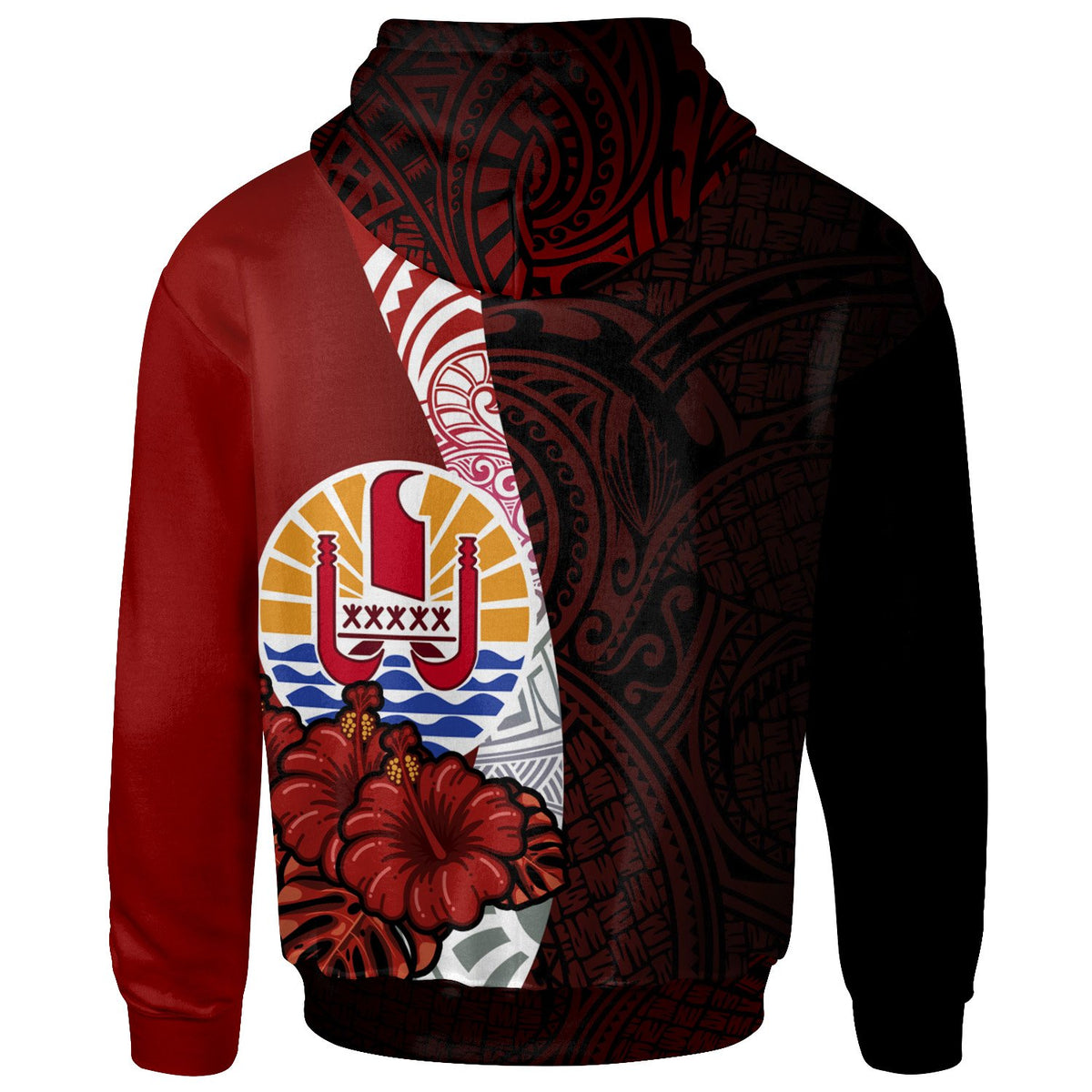Tahiti Polynesian Zip up Hoodie Coat of Arm With Hibiscus - Polynesian Pride