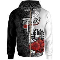 Tahiti Polynesian Zip up Hoodie Coat of Arm With Hibiscus White Unisex White - Polynesian Pride