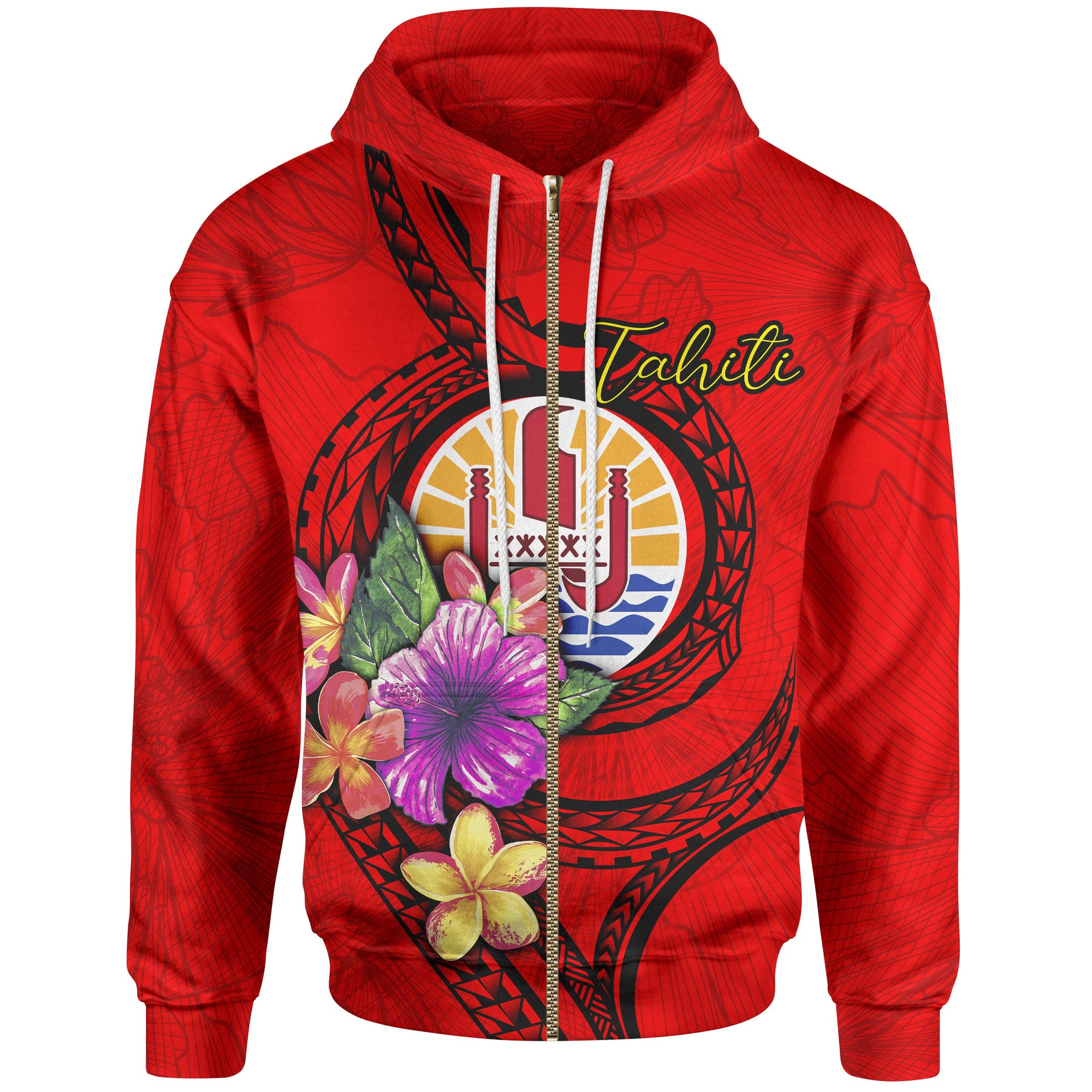 Tahiti Polynesian Zip up Hoodie Floral With Seal Red Unisex Red - Polynesian Pride