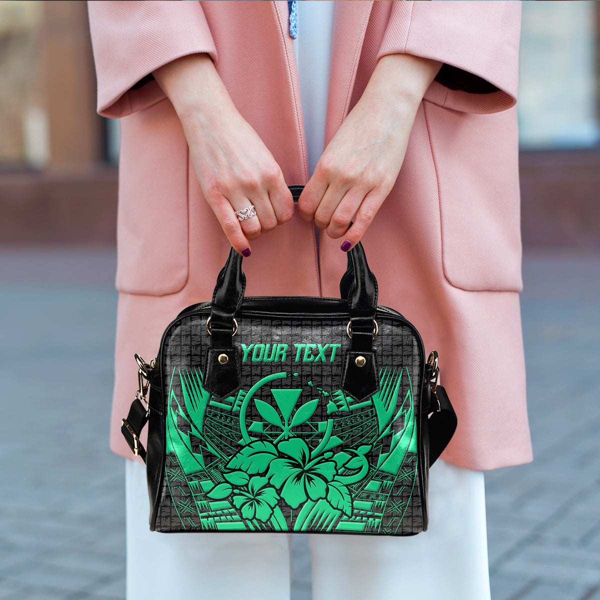 (Custom Personalised) Hawaii Shoulder Handbag - Hibiscus With Tribal Green - LT12 - Polynesian Pride