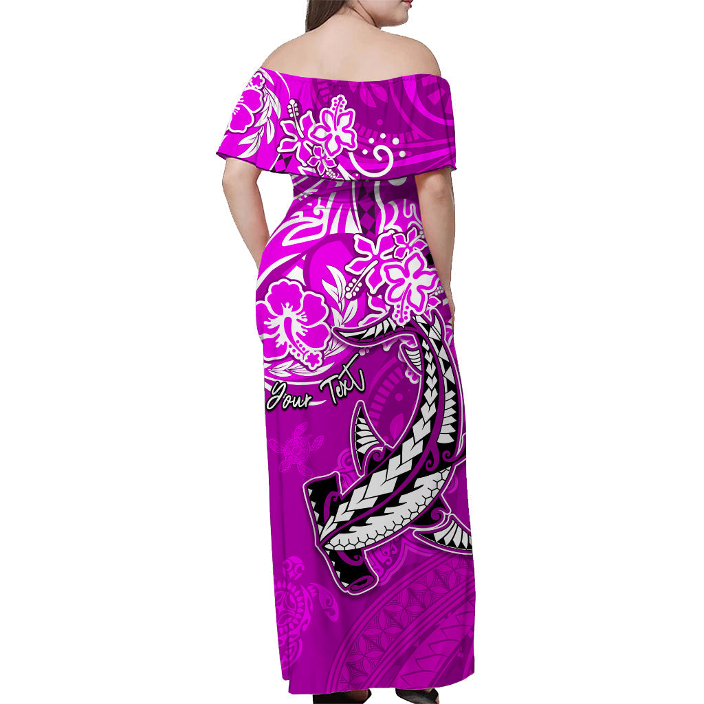 (Custom Personalised) Hawaii Off Shoulder Long Dress Polynesia Pink Sea Turtle Honu and Hammerhead Shark LT13 - Polynesian Pride