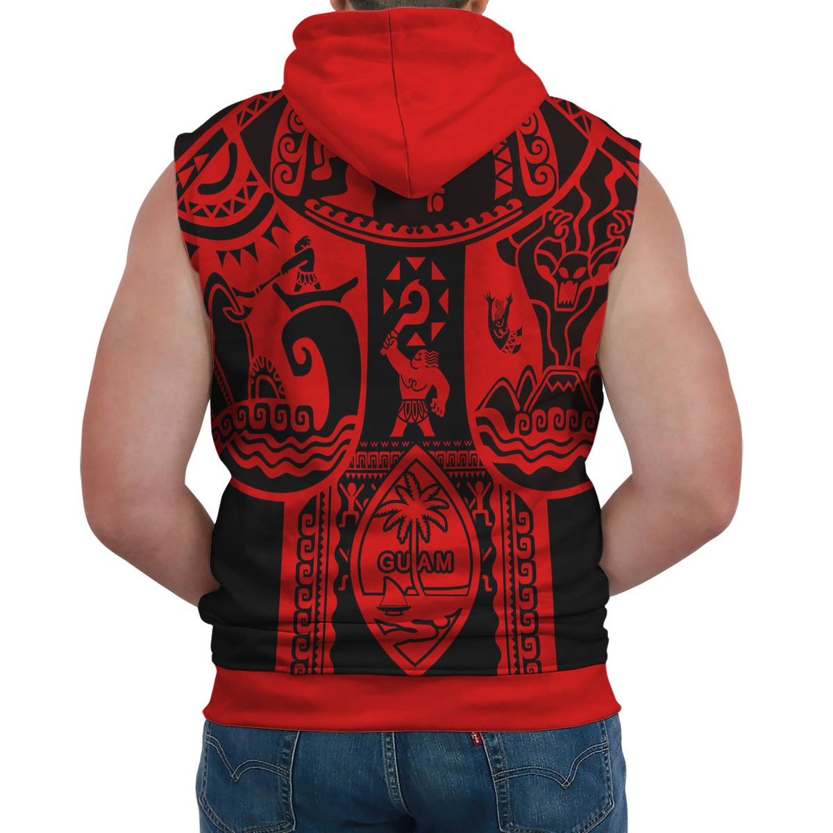 Polynesian Sleeveless Hoodie Guam Flag, Seal with Maui Moana Tattoo - Polynesian Pride