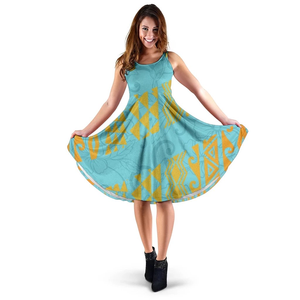 Hawaii Hibistus and Kakau Pattern Midi Dress Midi Dress White - Polynesian Pride