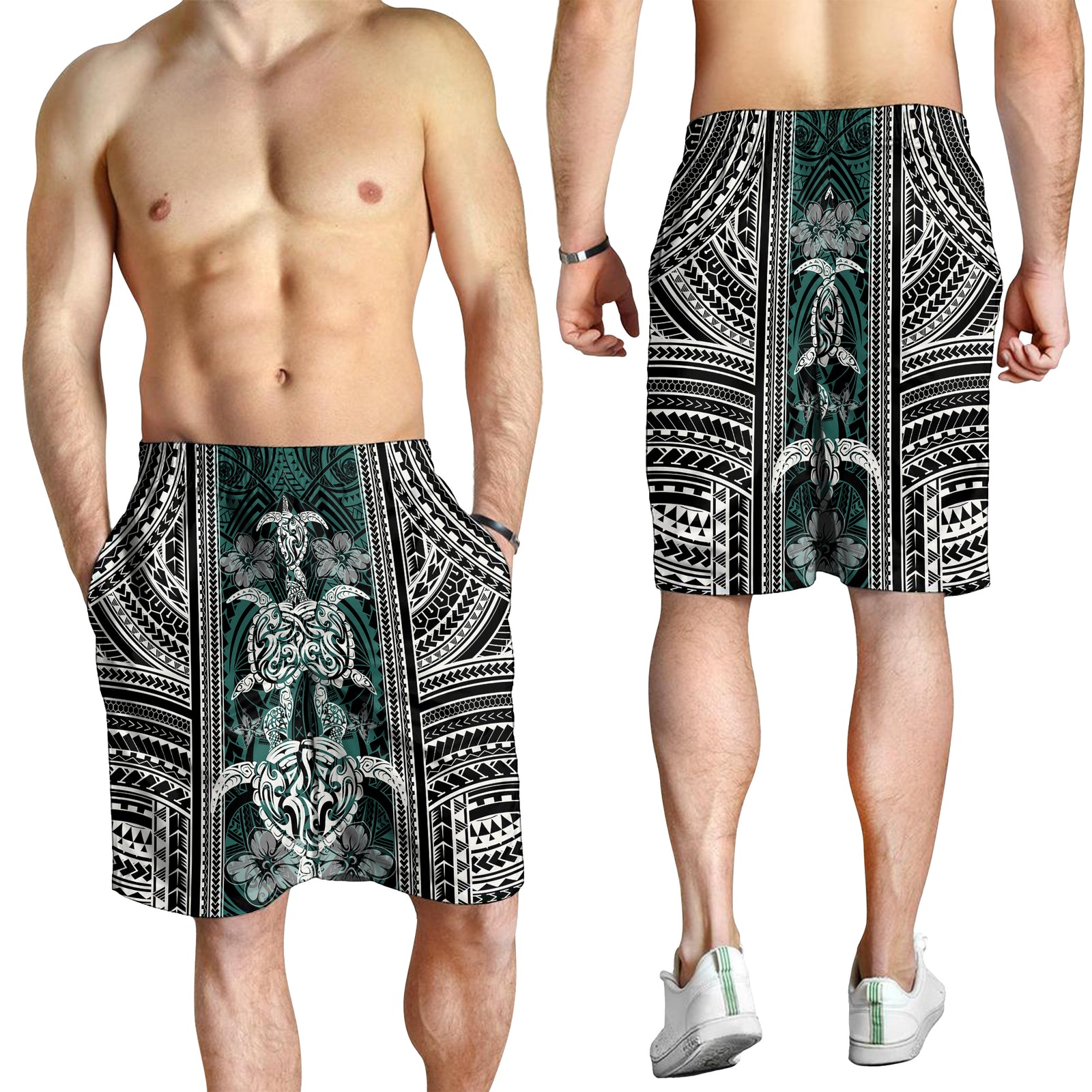 Polynesian Men's Short - Turtle With Ethnic Motives And Floral Elements - LT20 Black - Polynesian Pride
