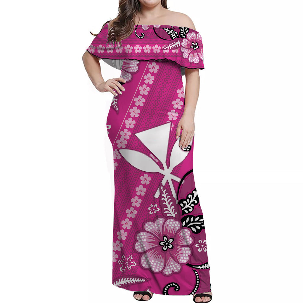 Hawaii Off Shoulder Long Dress Kakau Tribal Pink Batik Floral Ver.01 LT13 Women Pink - Polynesian Pride