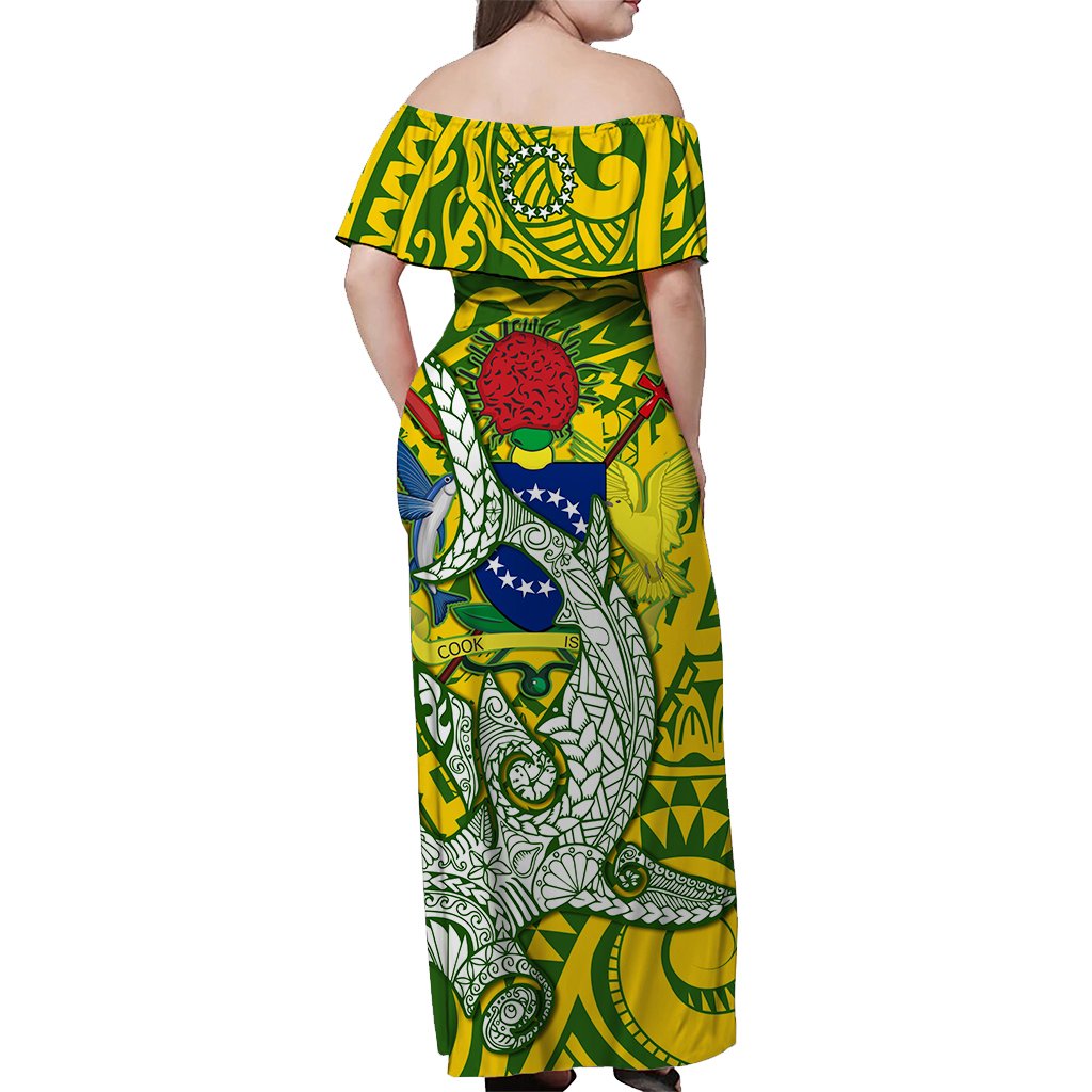 Cook Islands Off Shoulder Long Dress Hammerhead Shark White LT13 Long Dress White - Polynesian Pride