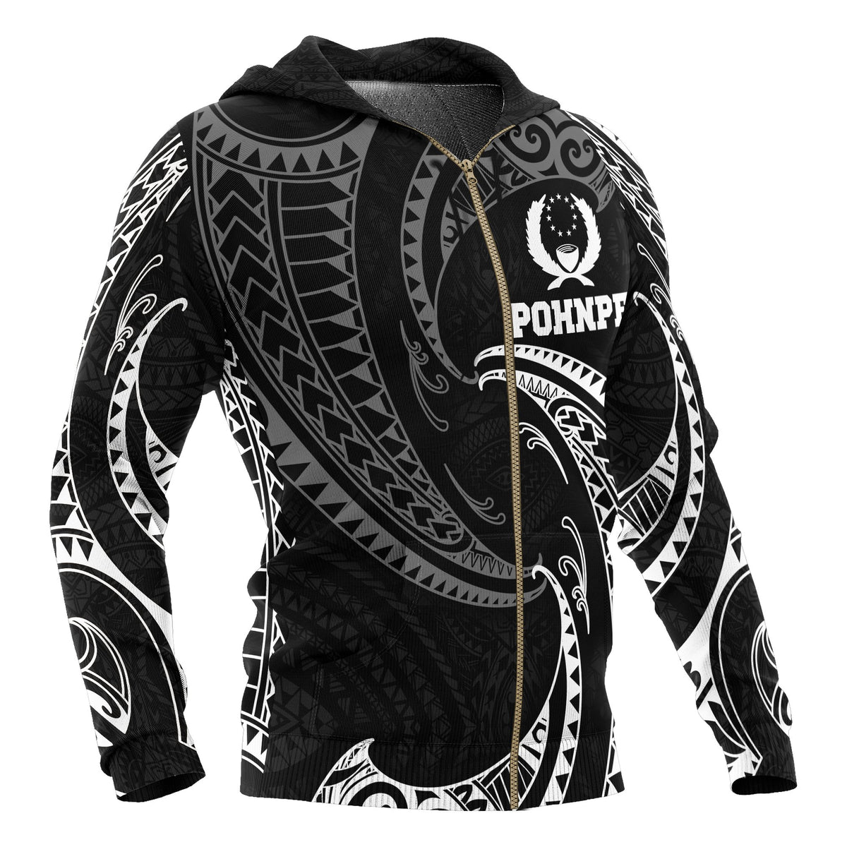 Pohnpei Micronesia All Over Zip up Hoodie White Tribal Wave - Polynesian Pride