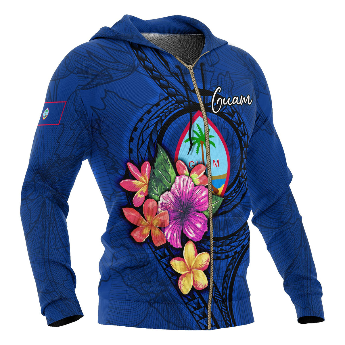 Guam Polynesian Zip up Hoodie Floral With Seal Blue - Polynesian Pride
