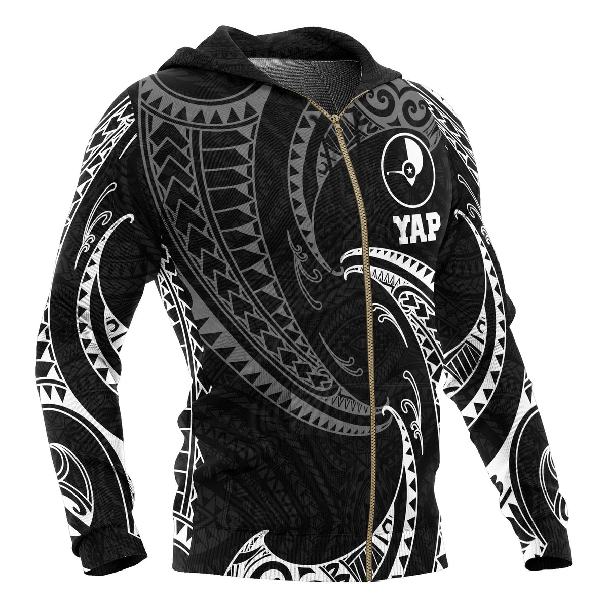 Yap Micronesia All Over Zip up Hoodie White Tribal Wave - Polynesian Pride