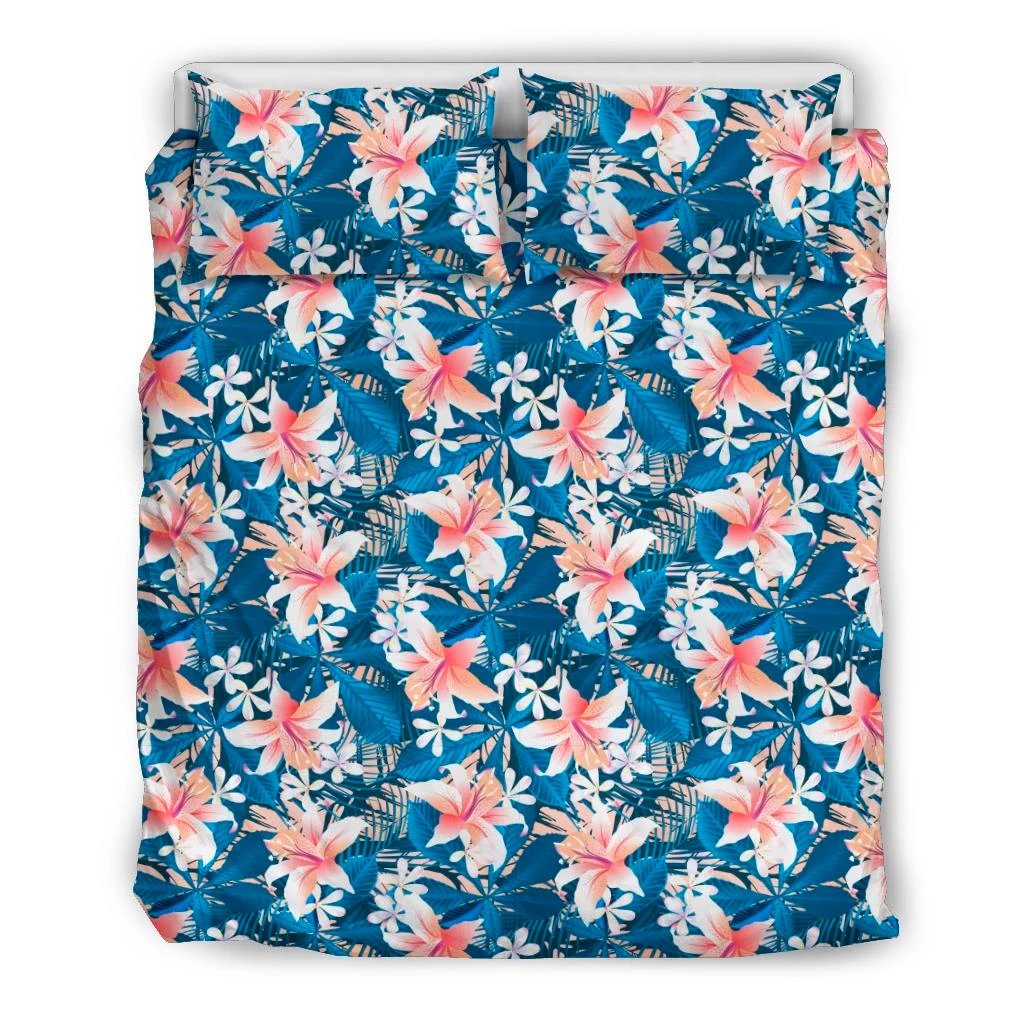 Hawaiian Tropical Leaves And Flowers Polynesian Bedding Set Blue Black - Polynesian Pride