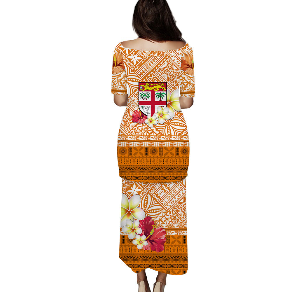 (Custom Personalised) Fiji Puletasi Dress Orange Tapa Pattern Fijian Plumeria Flowers LT13 - Polynesian Pride