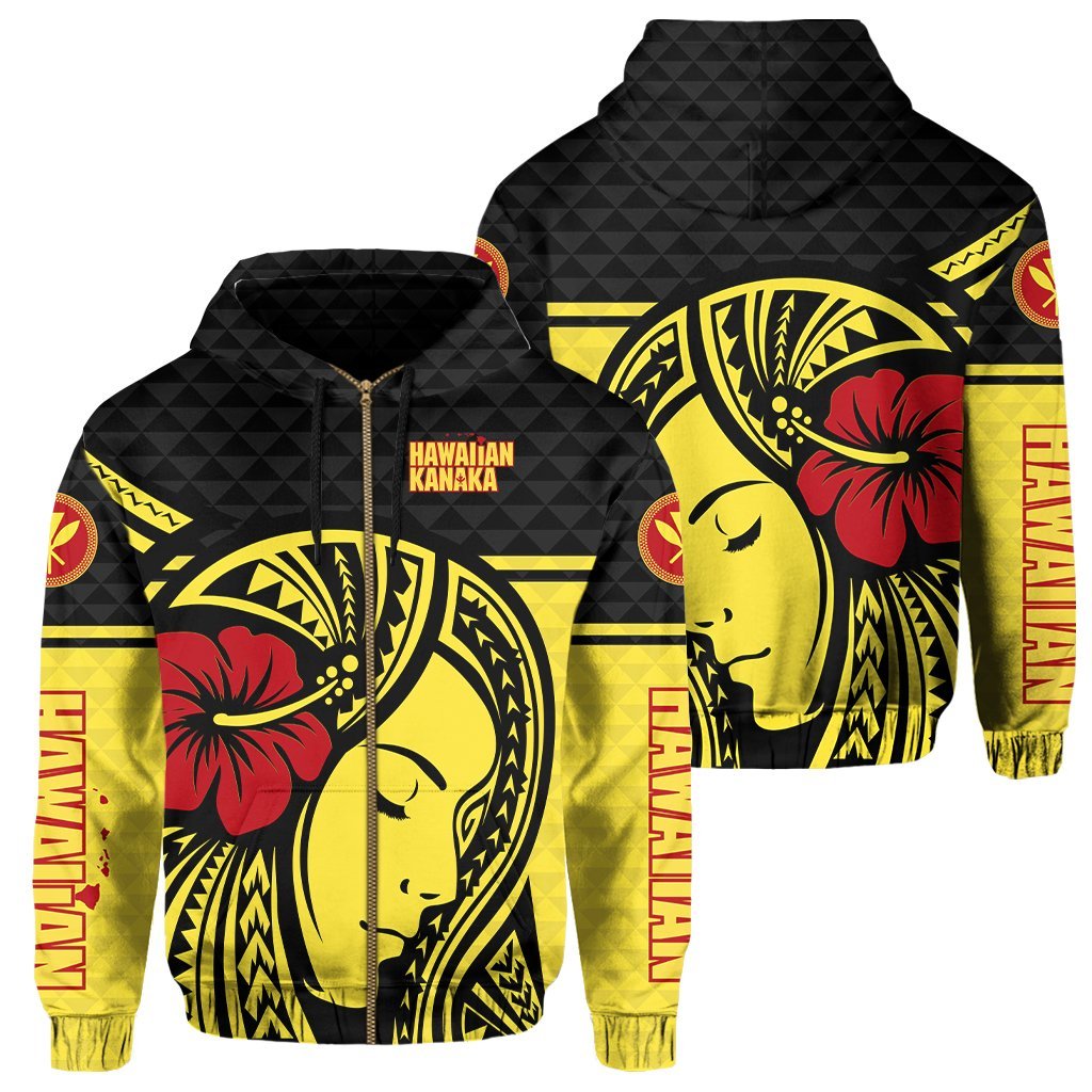 Polynesian Kakau Hawaiian Kanaka Maoli Hula Girl Hibiscus Hawaii Zip Hoodie Unisex Yellow - Polynesian Pride