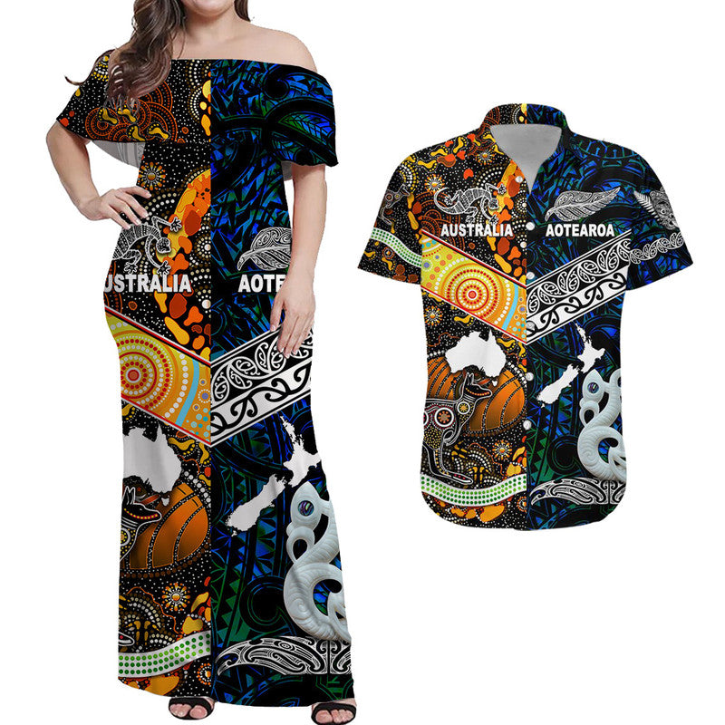 Maori Aboriginal Matching Hawaiian Shirt and Dress New Zealand Australia Together Blue LT8 Blue - Polynesian Pride