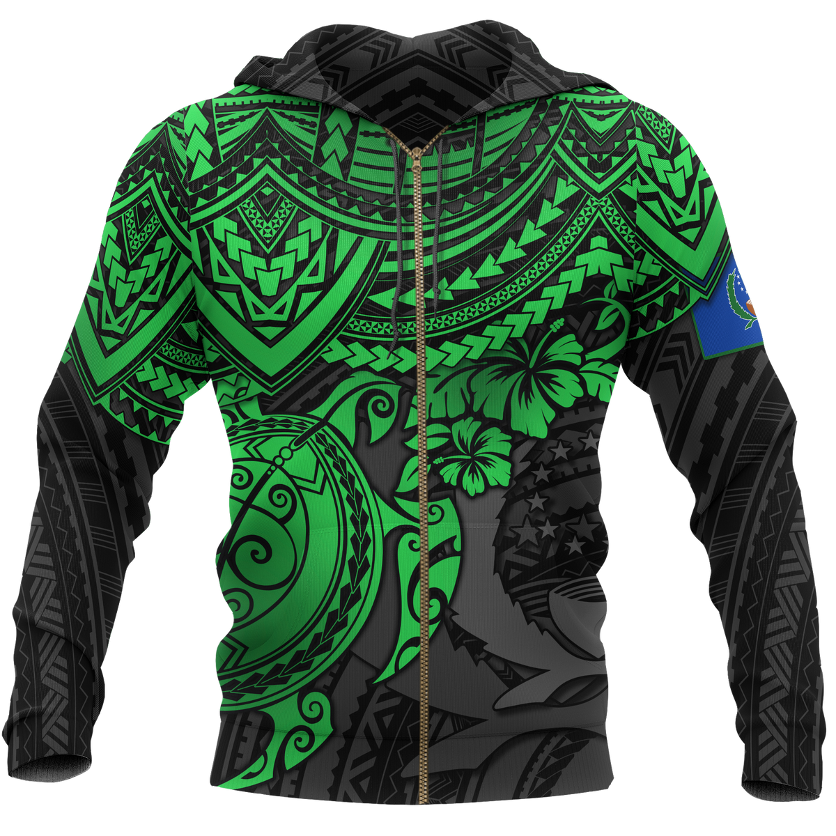 Pohnpei Polynesian Zip Hoodie Polynesian Green Turtle Unisex GREEN - Polynesian Pride