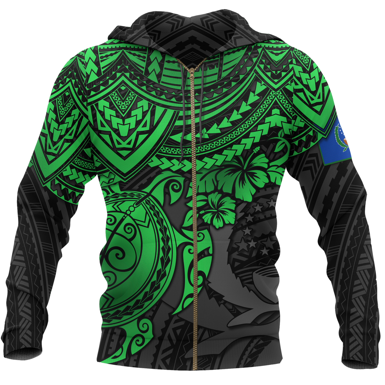 Pohnpei Polynesian Zip Hoodie Polynesian Green Turtle Unisex GREEN - Polynesian Pride