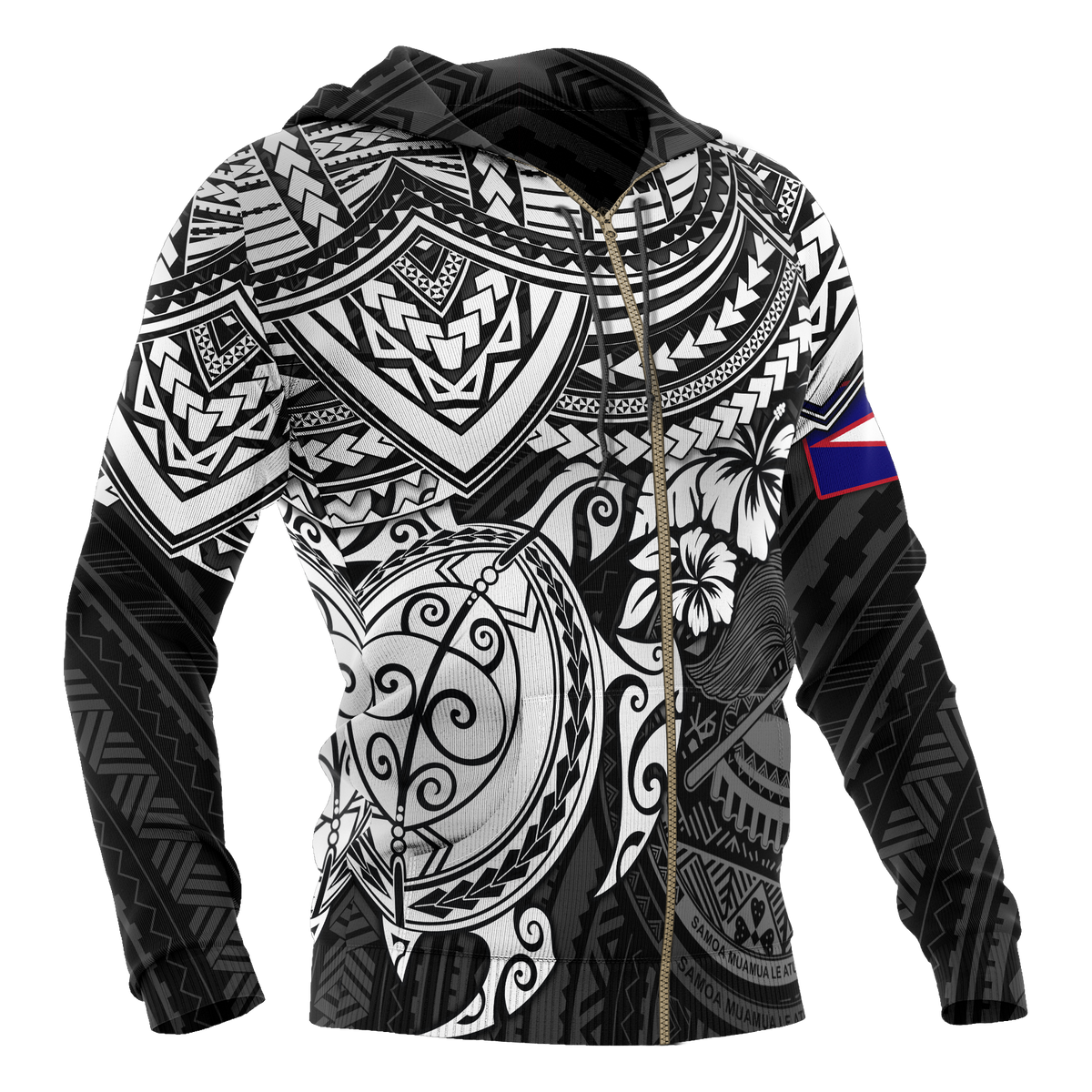 American Samoa Polynesian Hoodie (Zip up) Black Turtle - Polynesian Pride