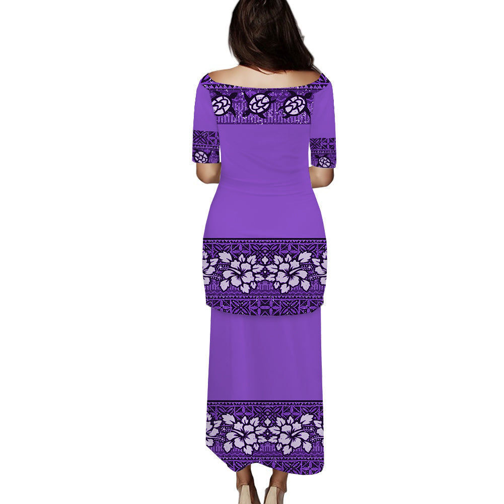 NE Fiji Bula Dress Tapa Turtles And Hibiscus Puletasi Dress Ver.03 LT14 - Polynesian Pride