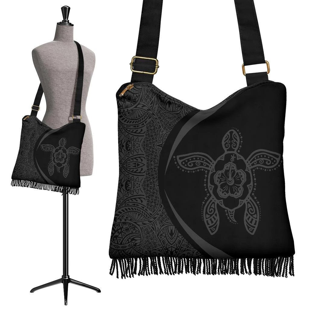 Hawaii Turtle Polynesian Crossbody Boho Handbag-Circle Style Grey Crossbody Boho Handbag One Size Black - Polynesian Pride