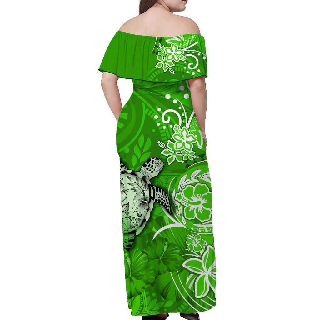 (Custom Personalised) Hawaii Off Shoulder Long Dress Polynesia Green Sea Turtle Honu and Hibiscus LT13 - Polynesian Pride