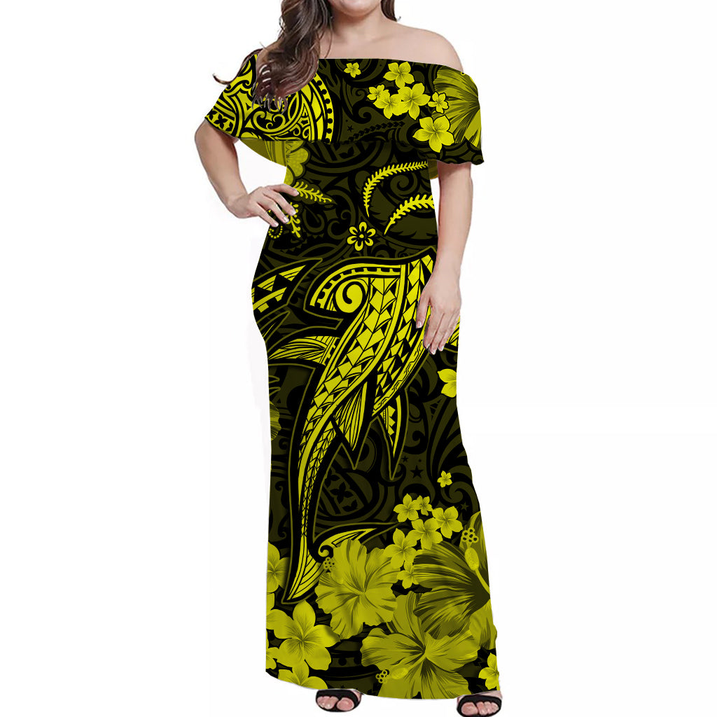 Polynesian Couple Outfits Hawaii Matching Dress and Hawaiian Shirt Polynesia Yellow Shark LT13 - Polynesian Pride