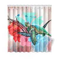 Hawaii Map Kanaka Sea Turtle Hibiscus Shower Curtain - AH - Blue Pink - Polynesian Pride