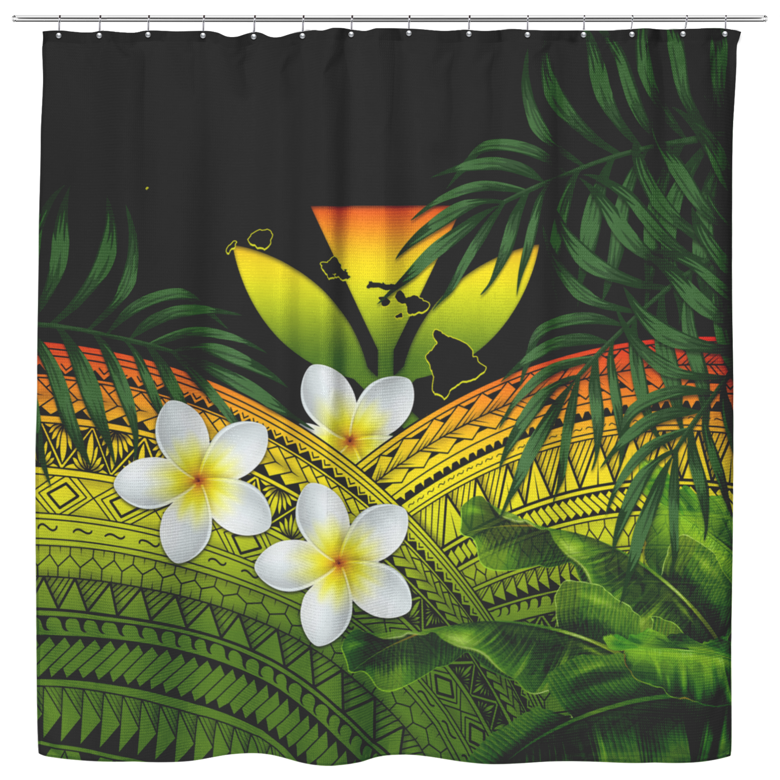 Kanaka Maoli (Hawaiian) Shower Curtain, Polynesian Plumeria Banana Leaves Reggae Shower Curtain Art - Polynesian Pride