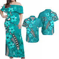 Custom Matching Hawaiian Outfits For Couples Hawaiian Map with Hibiscus Turquoise LT13 Turquoise - Polynesian Pride