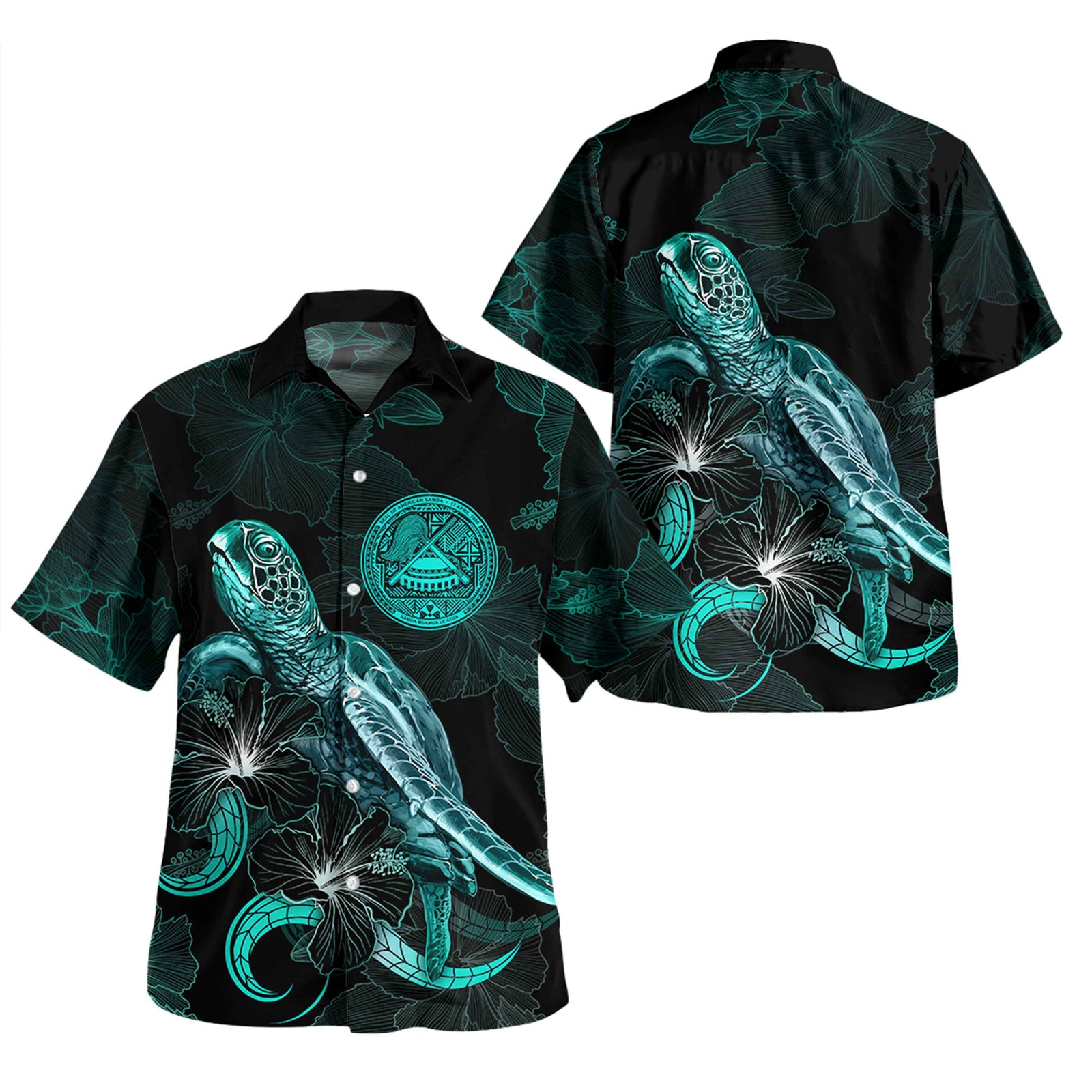 American Samoa Short Sleeve Shirt - Custom American Samoa Seal With Turtle Blooming Hibiscus Turquoise Unisex Turquoise - Polynesian Pride