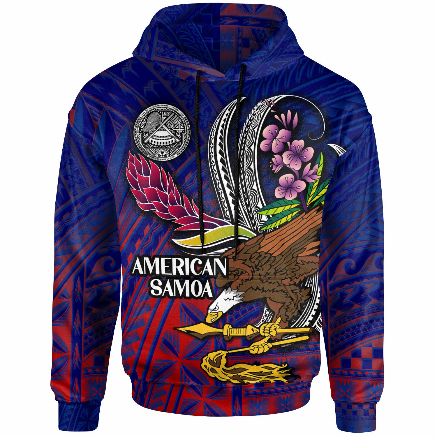 American Samoa Hoodie Custom Seal With National Flowers Polynesian Patterns LT10 Blue - Polynesian Pride