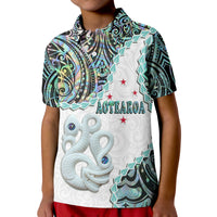 New Zealand Maori Polo Shirt Aotearoa Manaia Basic Paua Shell Heare Ra LT9 Kid White - Polynesian Pride