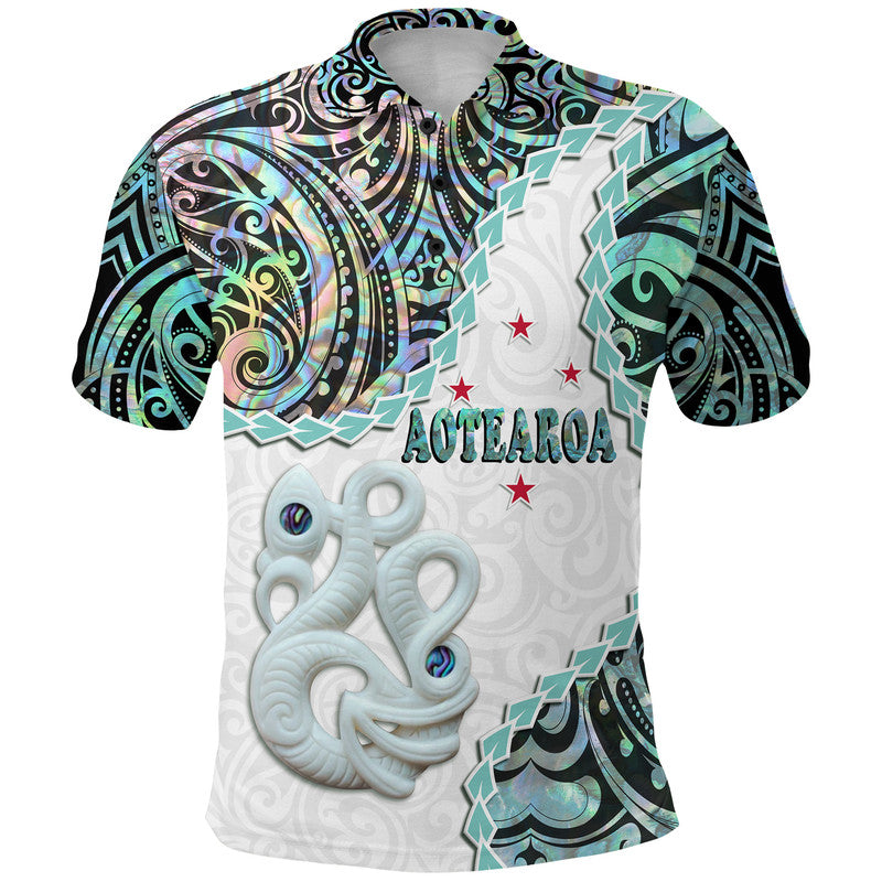New Zealand Maori Polo Shirt Aotearoa Manaia Basic Paua Shell Kia Ora LT9 Adult White - Polynesian Pride