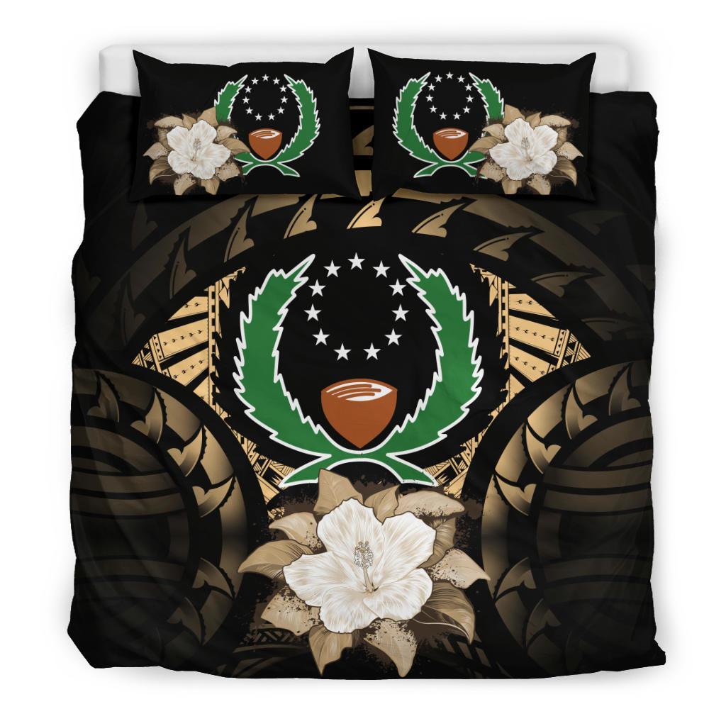 Pohnpei Duvet Cover Set - Pohnpei Flag & Gold Hibiscus Black - Polynesian Pride