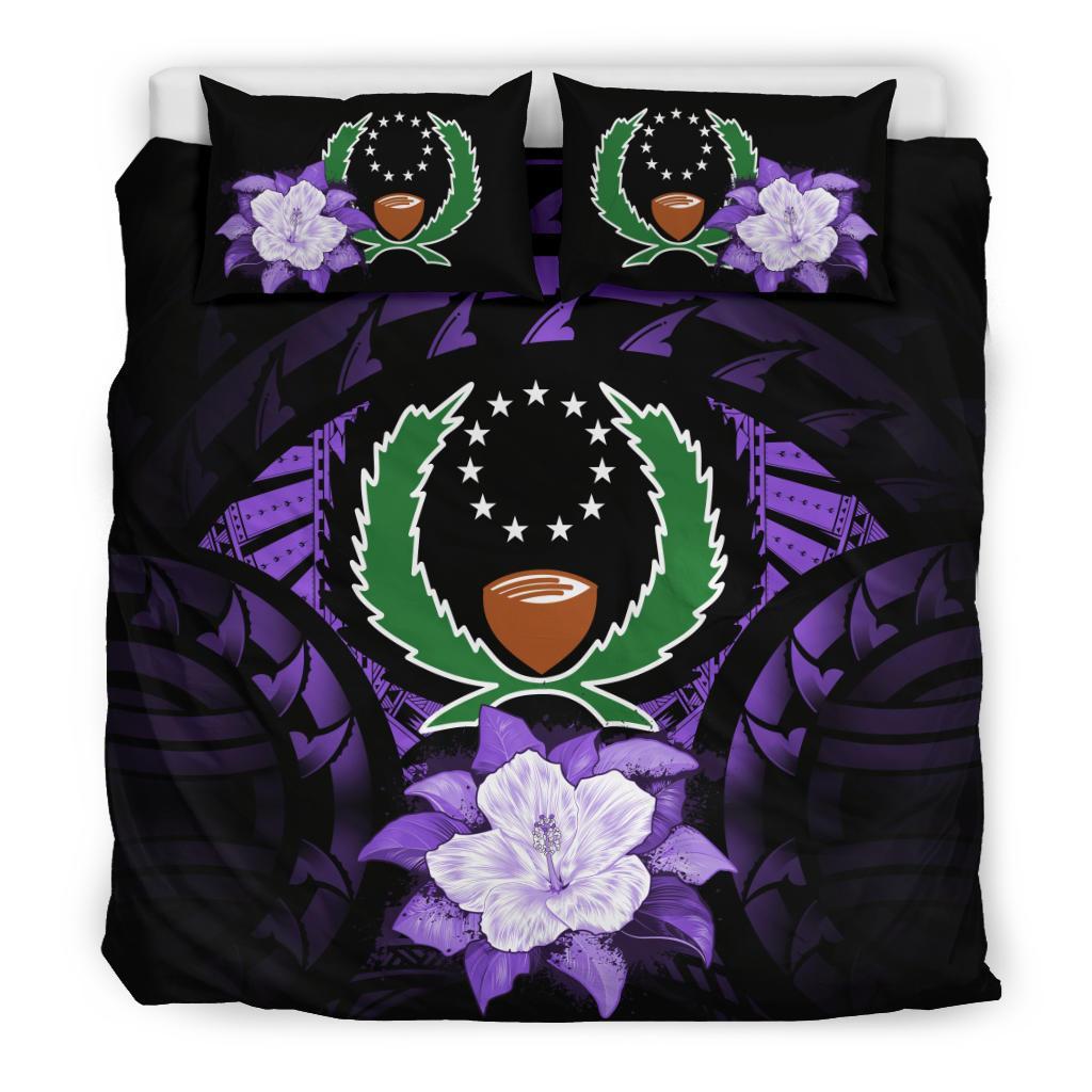 Pohnpei Duvet Cover Set - Pohnpei Flag & Purple Hibiscus Purple - Polynesian Pride