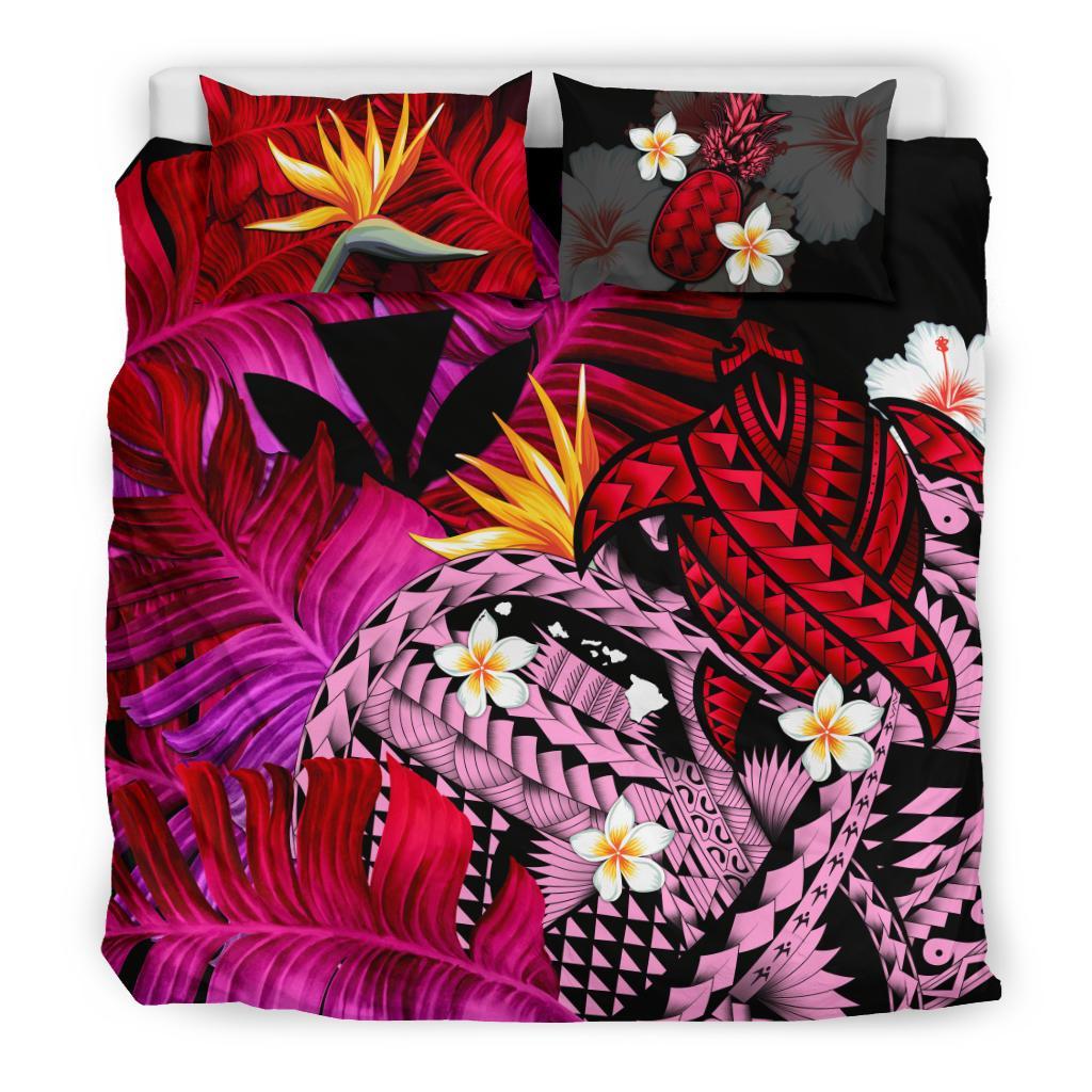 Kanaka Maoli (Hawaiian) Bedding Set, Polynesian Pineapple Banana Leaves Turtle Tattoo Pink - Polynesian Pride