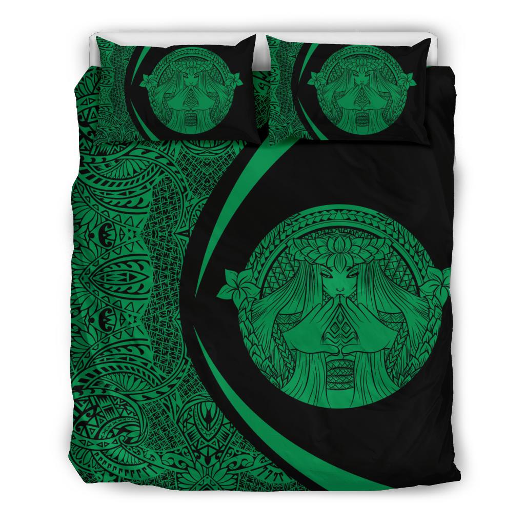 Hawaiian Madame Pele Plumeria Polynesian Bedding Set Circle Style Green Green - Polynesian Pride