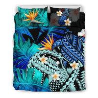 Kanaka Maoli (Hawaiian) Bedding Set, Polynesian Pineapple Banana Leaves Turtle Tattoo Blue Blue - Polynesian Pride
