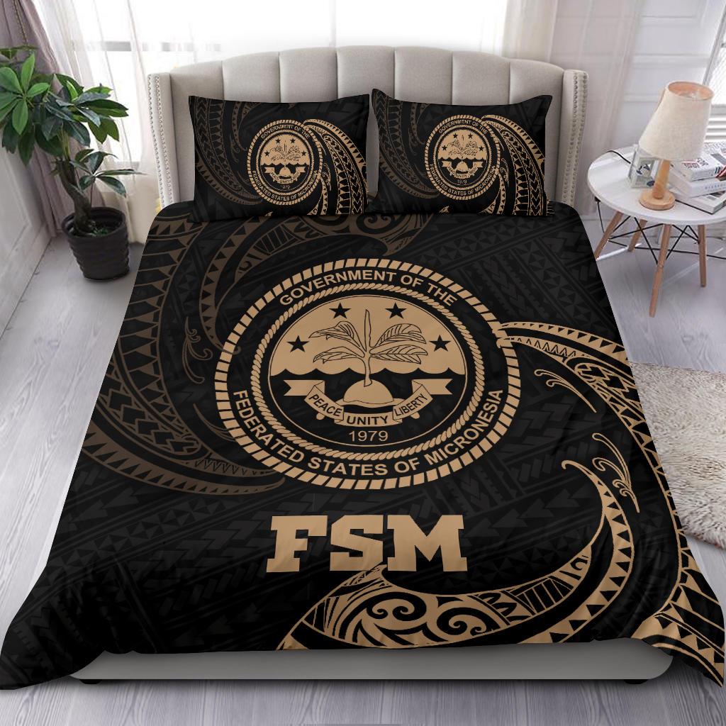 Polynesian Bedding Set - Federated States Of Micronesia Duvet Cover Set Gold Tribal Wave - Polynesian Pride