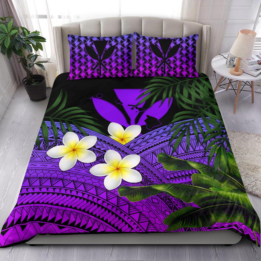 Kanaka Maoli (Hawaiian) Bedding Set, Polynesian Plumeria Banana Leaves Purple - Polynesian Pride